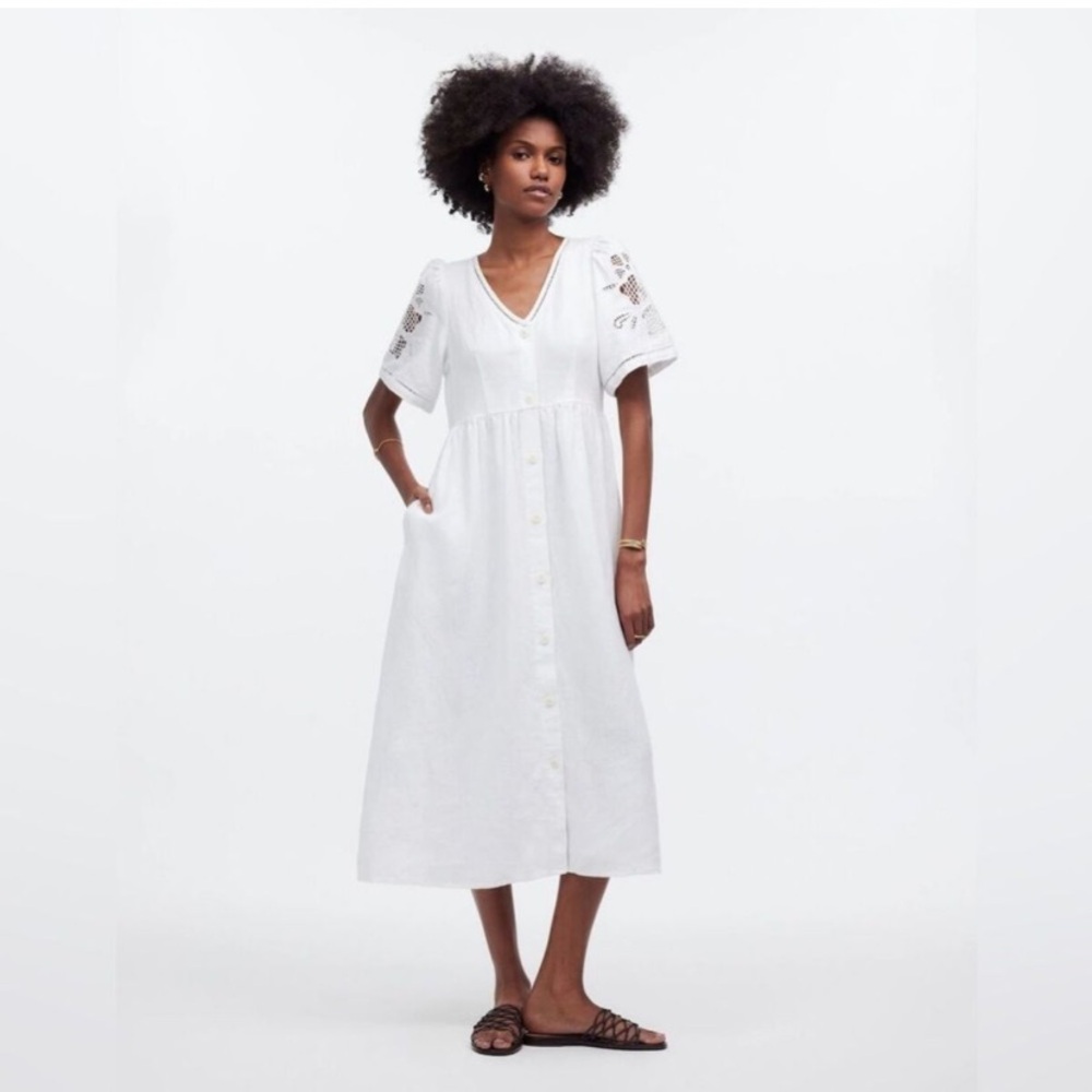 Madewell White Eyelet-Sleeve Midi Dress with Pockets - Picture 2 of 4